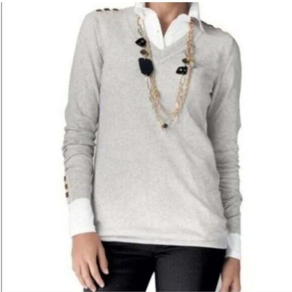 CAbi Grey Prep School V-Neck Sweater Embellished Size Small